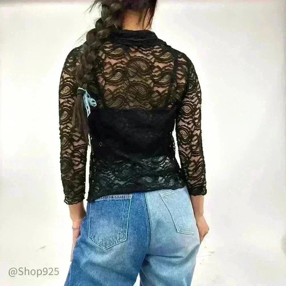 Women's  Long Sleeve Lace Black Blouse - Picture 5 of 5